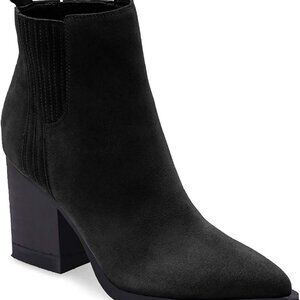 Womens Ankle Boots Pointed Toe Chunky Mid Heeled Faux Suede Leather Booties